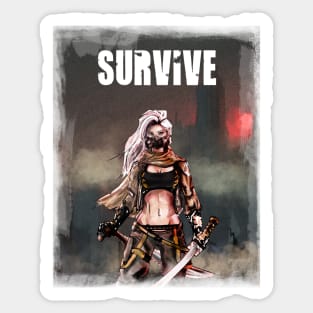 Apocalypse Girl gas mask  with katana sword and machete : Survive quote t-shirt Sticker